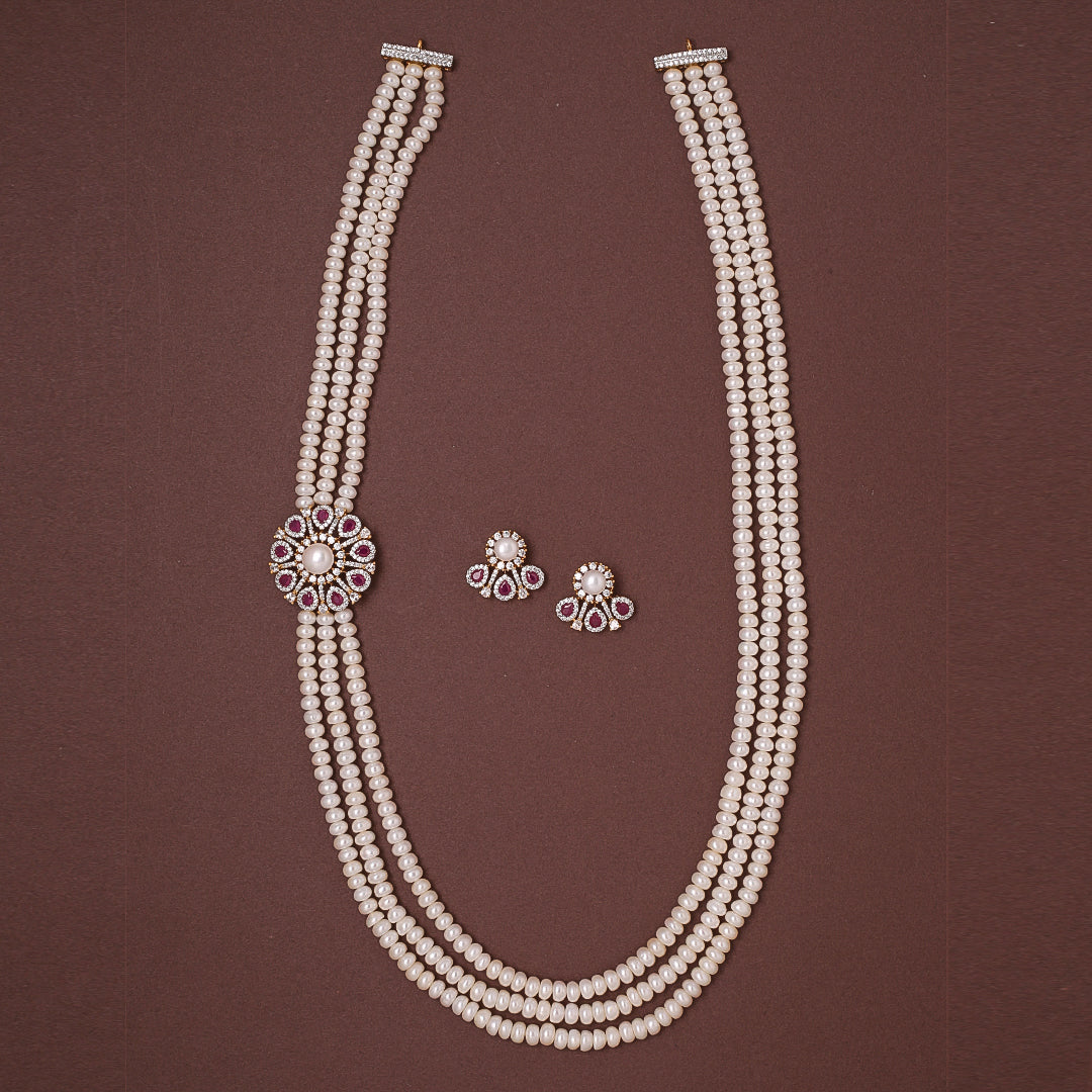 3-Layered Elegance Side Pendant with Freshwater Pearl and Stone Necklace Set