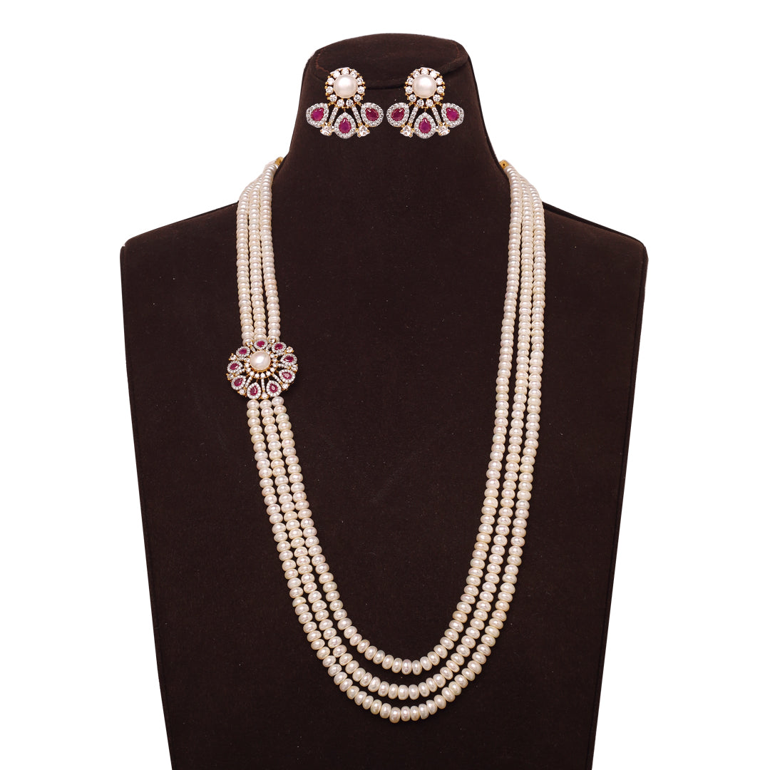 3-Layered Elegance Side Pendant with Freshwater Pearl and Stone Necklace Set