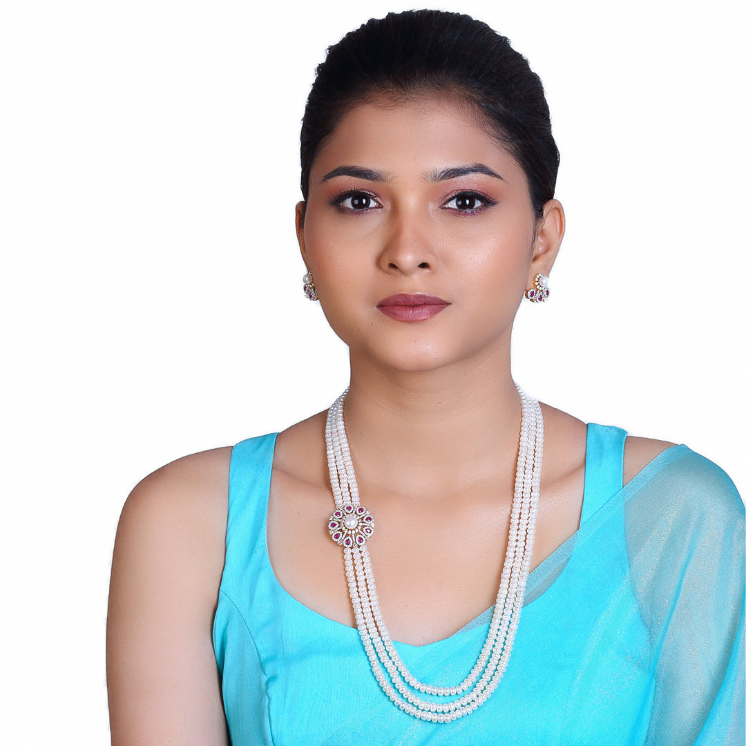 3-Layered Elegance Side Pendant with Freshwater Pearl and Stone Necklace Set