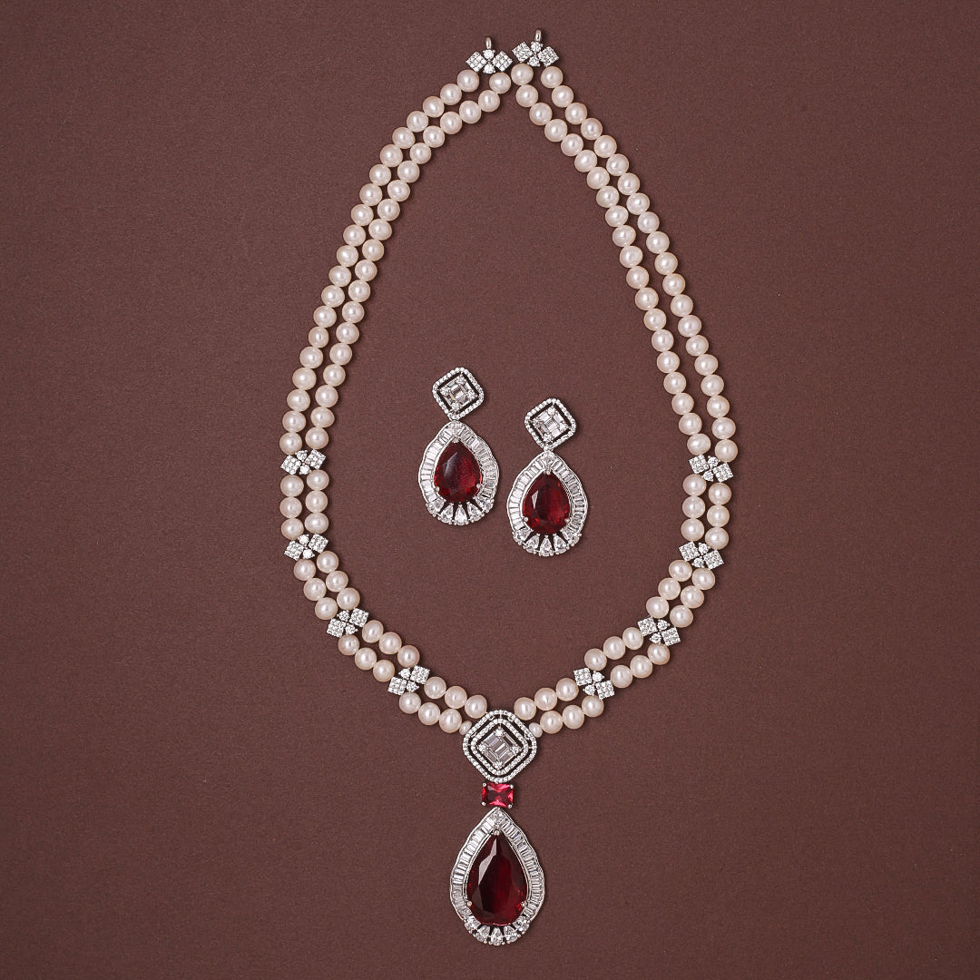 2-Layered White Freshwater Round Pearl Set with Stone Studded Pendant