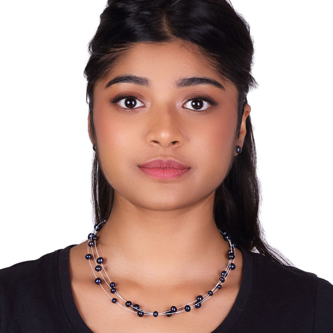 Stylish 3 Layer Black Freshwater Wire Pearl Necklace Set