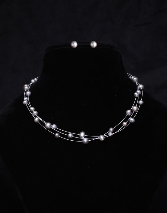 Stylish 3 Layer Grey Freshwater Wire Pearl Necklace Set