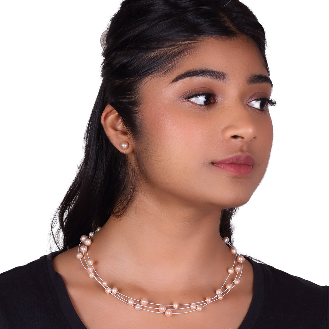 Stylish 3 Layer Pink Freshwater Wire Pearl Necklace Set