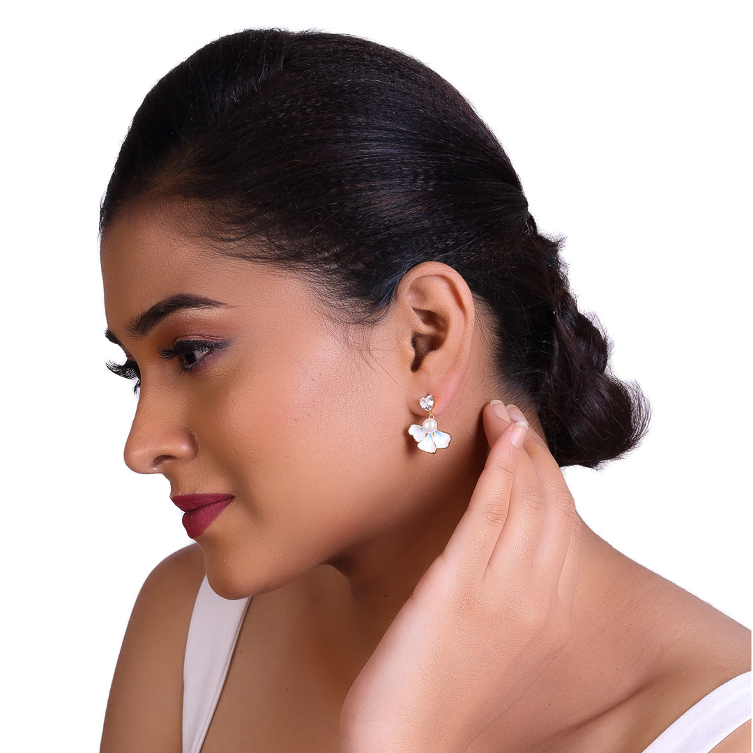 Elysian Diamond Pearl Earrings Freshwater White Pearls