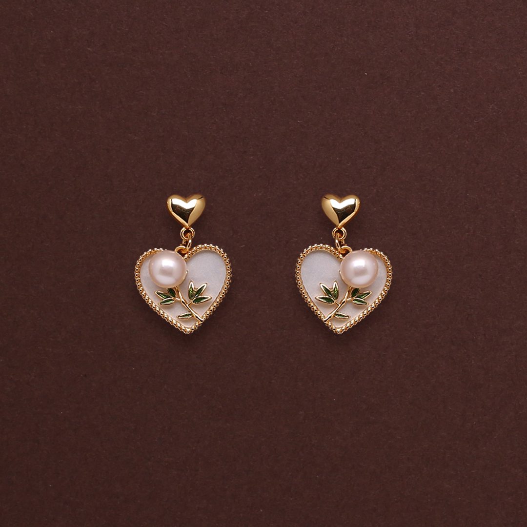 Pearl Heart Drop Earrings with Freshwater White Pearls