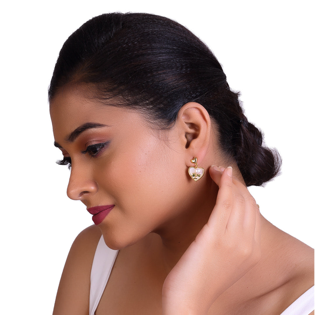 Pearl Heart Drop Earrings with Freshwater White Pearls