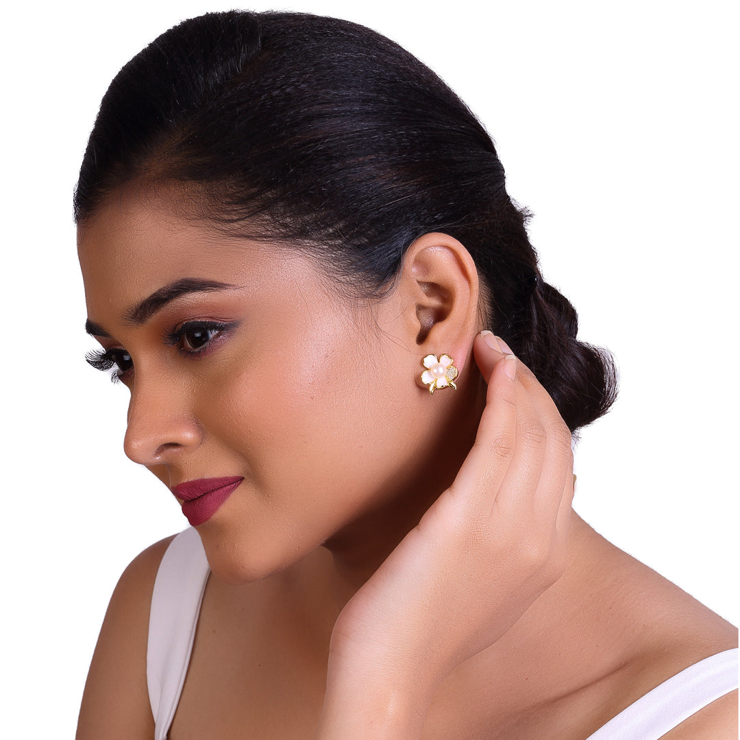 Ivory Bloom Studs Freshwater White Pearls