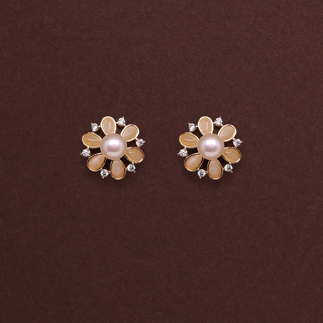 Elegant Fleur Pearl Studs Freshwater White Pearls