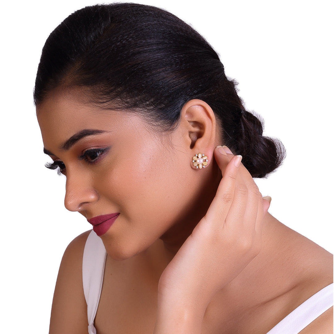 Elegant Fleur Pearl Studs Freshwater White Pearls