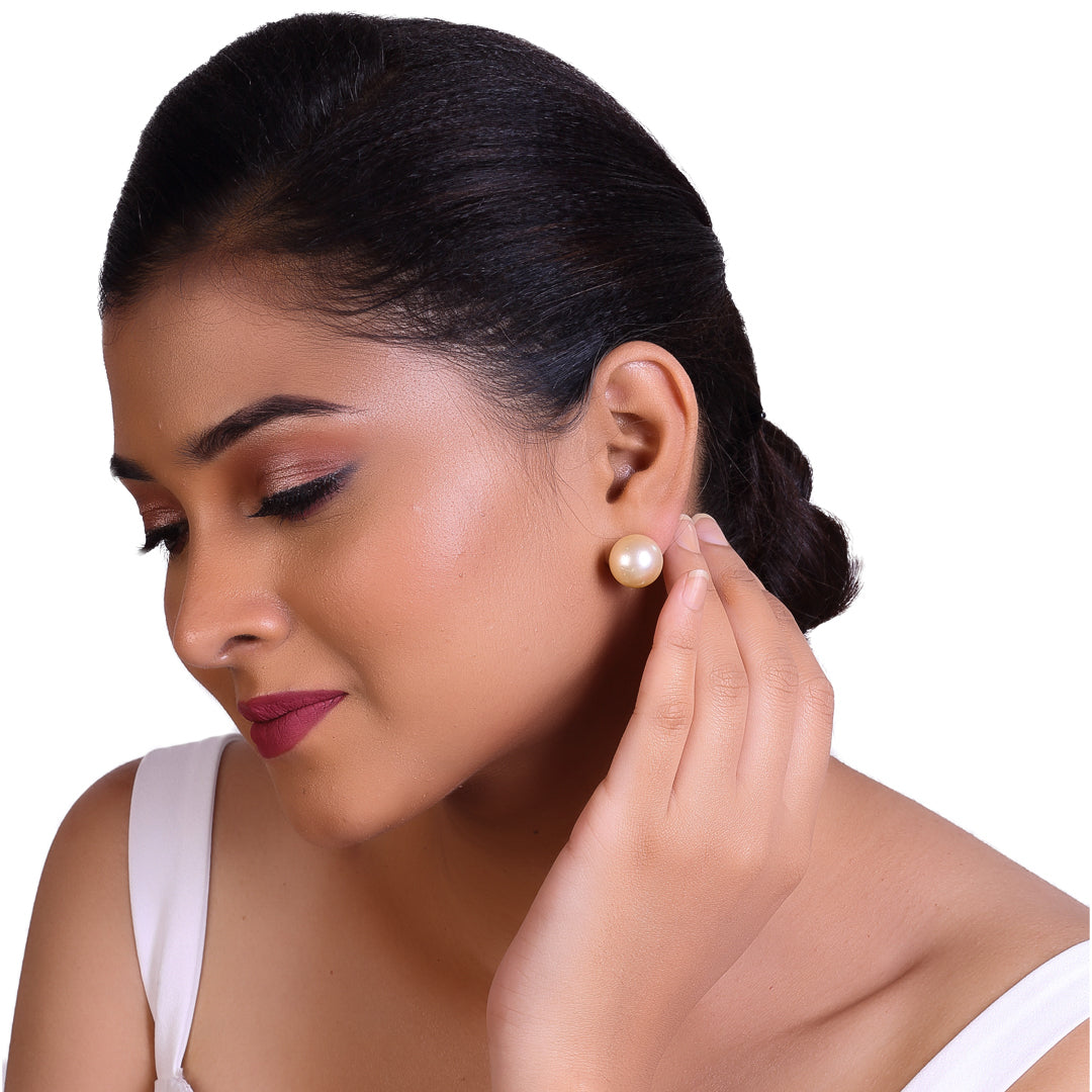 Natural-Color Golden South Sea Round Pearl Stud Earrings, 14.5-15.0mm