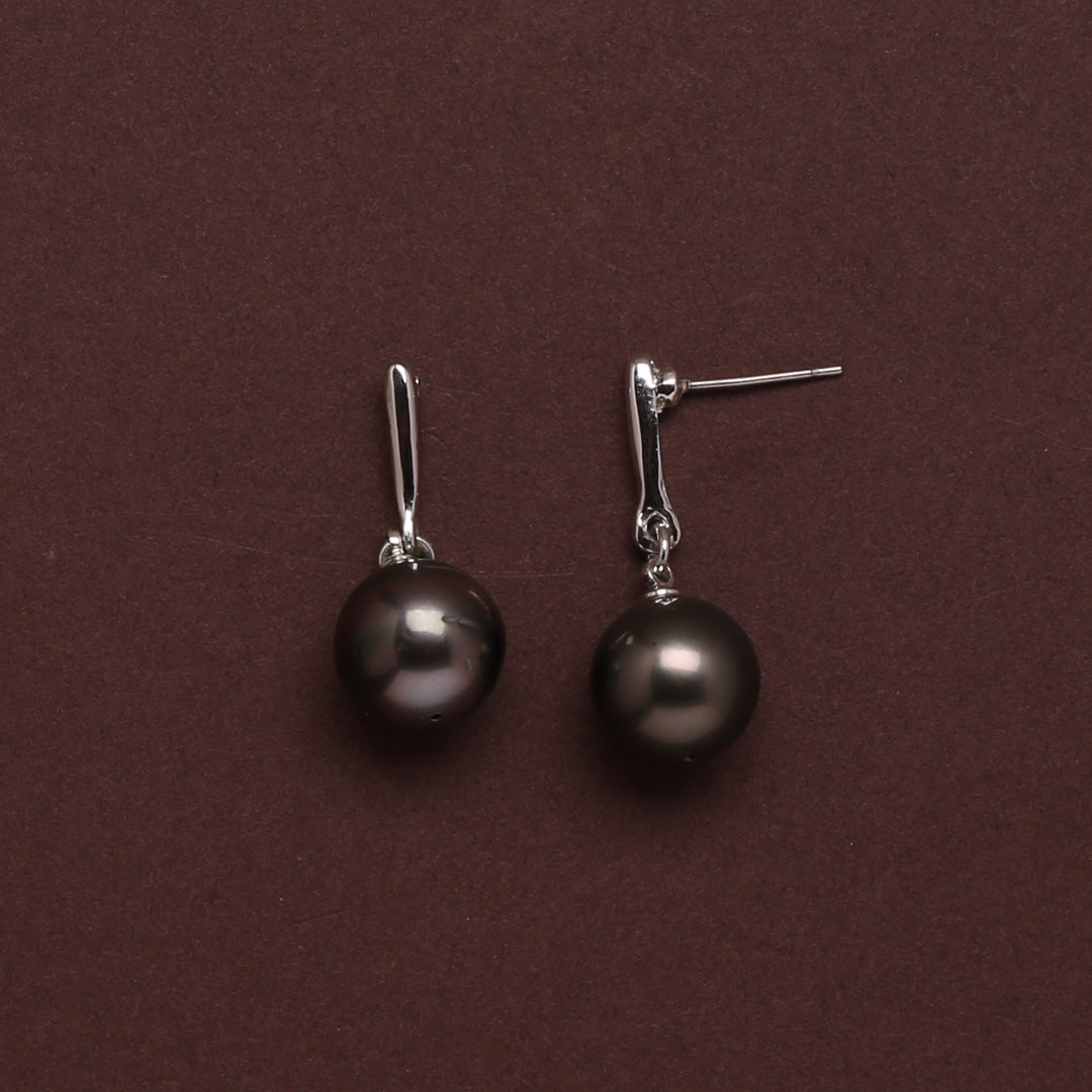 Natural-Color Black Tahitian Pearl Classic Dangle Earrings 11.0-12.0mm