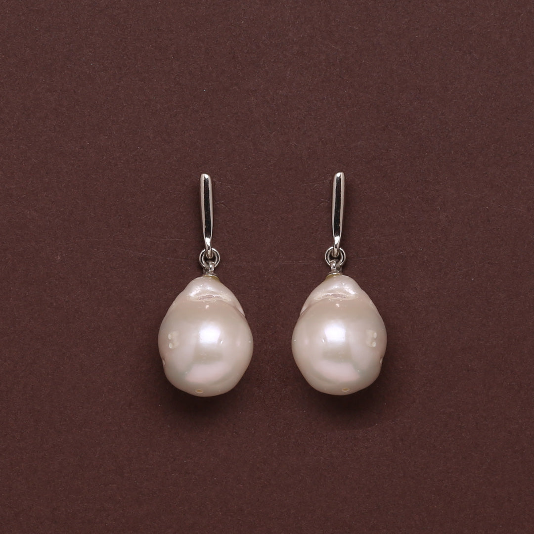 White Freshwater Baroque Pearl Classic Dangle Earrings 14.0-15.0mm