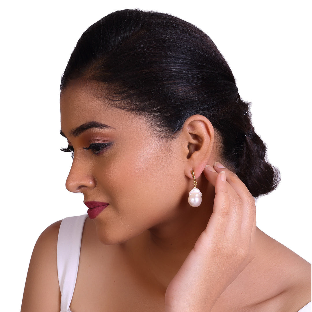 White Freshwater Baroque Pearl Classic Dangle Earrings 14.0-15.0mm