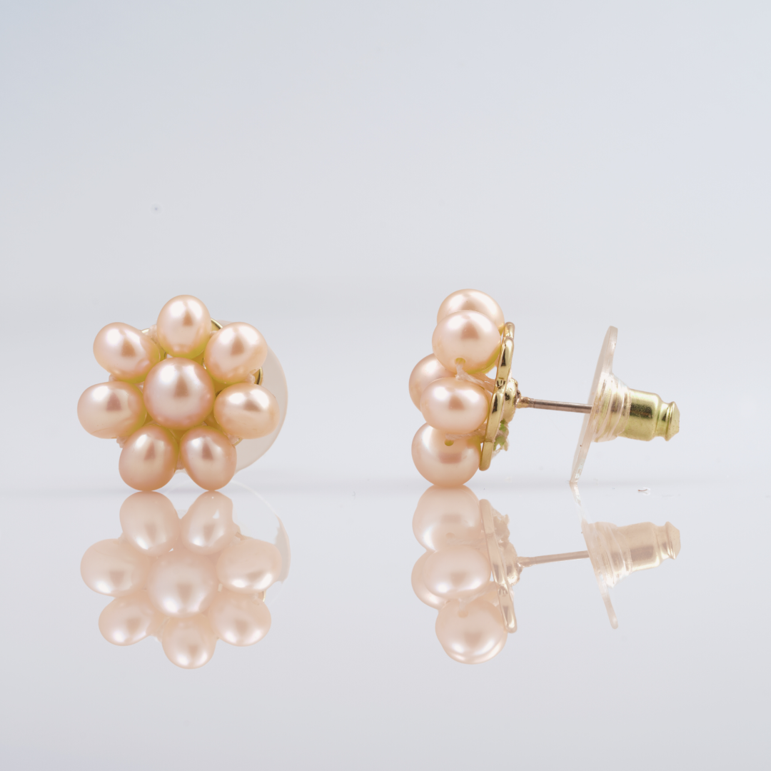 Freshwater Peach Colour Flower Pearl Stud Earring