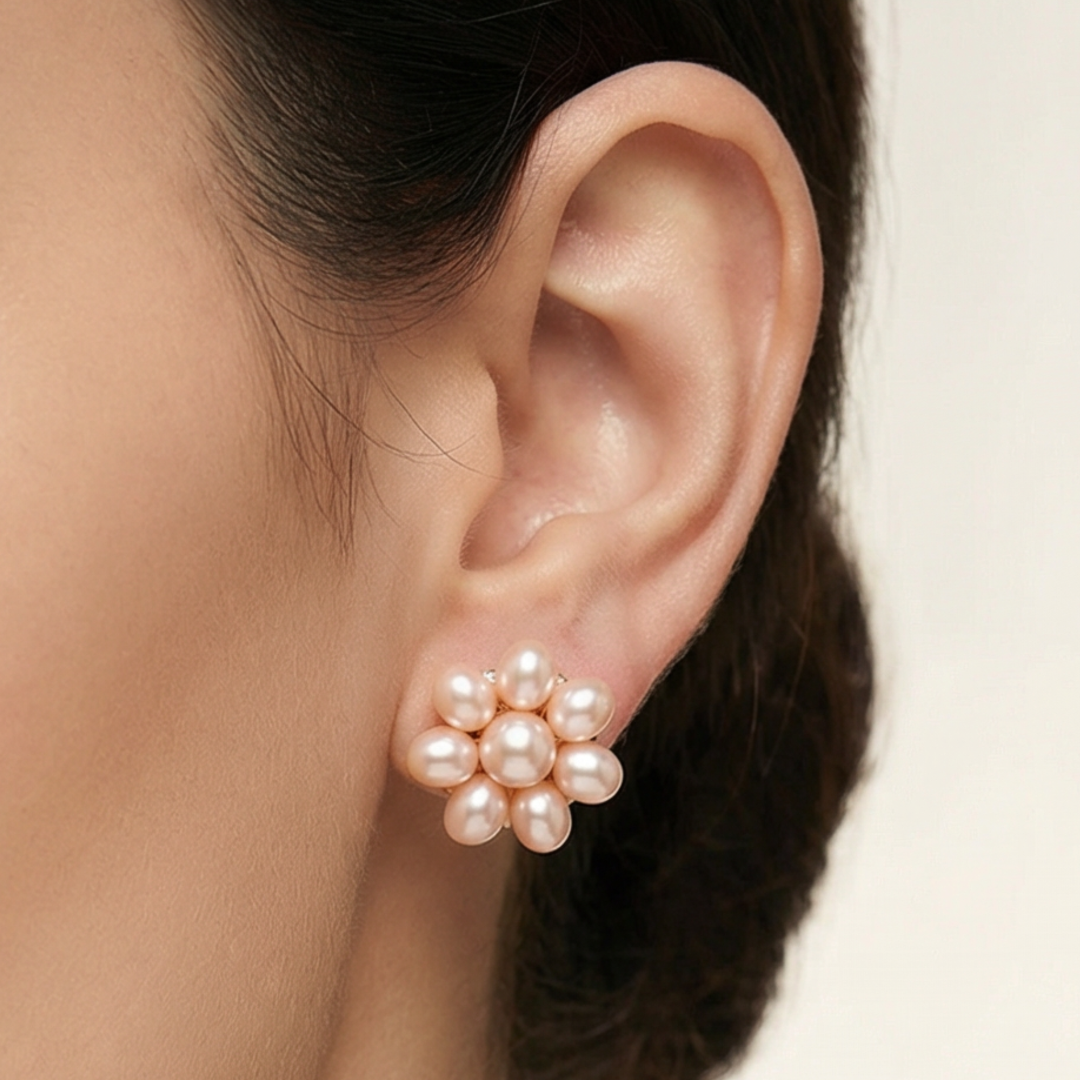 Freshwater Peach Colour Flower Pearl Stud Earring