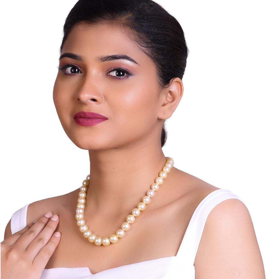 Round Natural Color Golden South Sea Pearl Necklace, 9–12mm, AA+ Quality