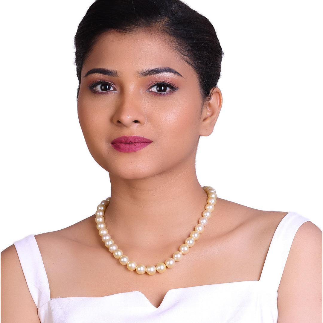 Round Natural Color Golden South Sea Pearl Necklace, 9–12mm, AA+ Quality