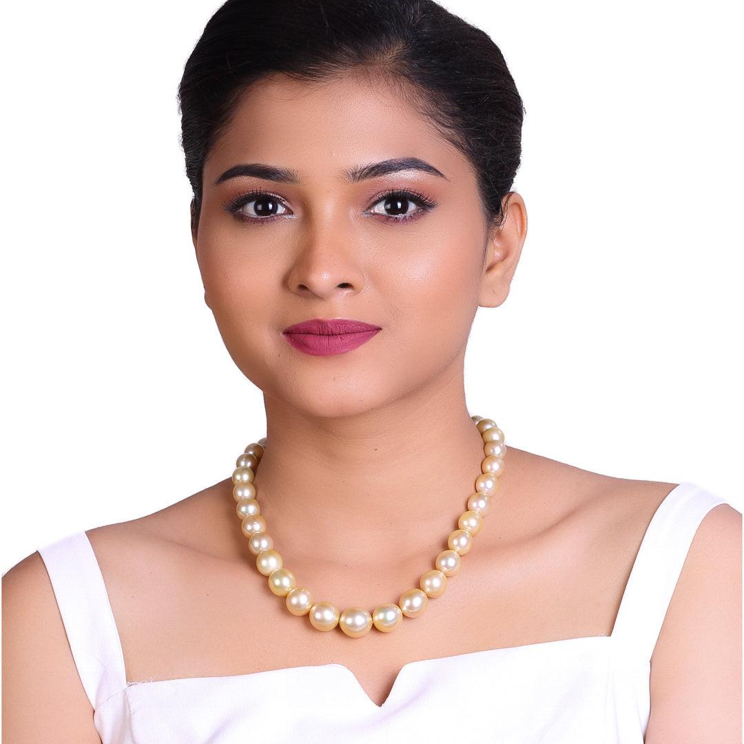 Round, Natural Color Golden South Sea Pearl Necklace, 9.5–15.5mm, AA+ Quality