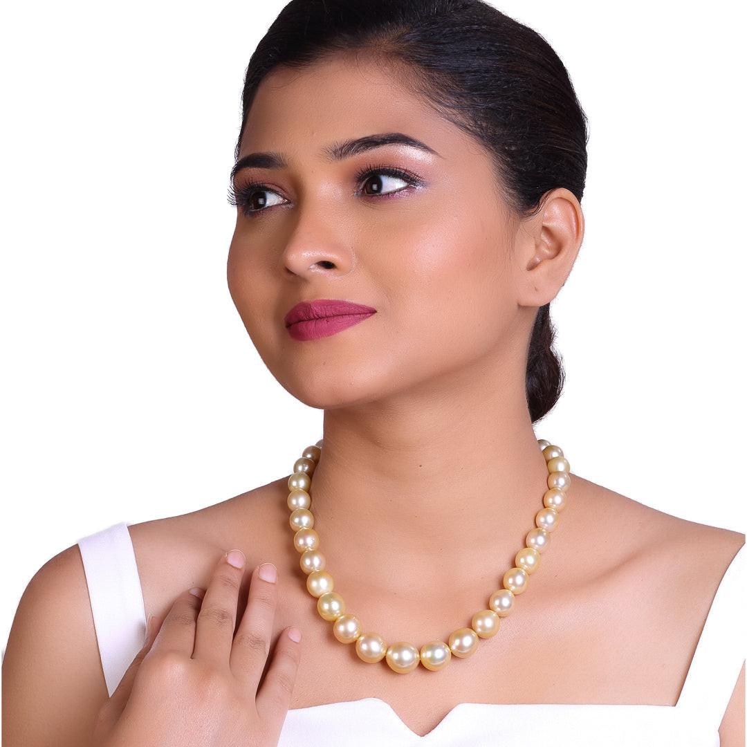 Round, Natural Color Golden South Sea Pearl Necklace, 9.5–15.5mm, AA+ Quality