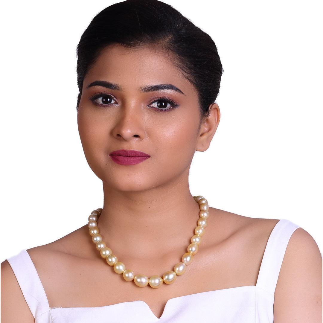 Drop Shape, Natural-Color Golden South Sea Pearl Necklace, 9–15.5mm, AA+ Quality