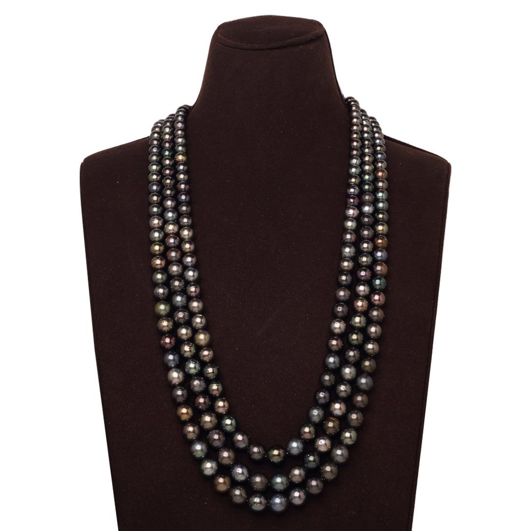 Round Natural-Color Mixed-Shade Black Tahitian Pearl Necklace, 8–11mm, A Quality