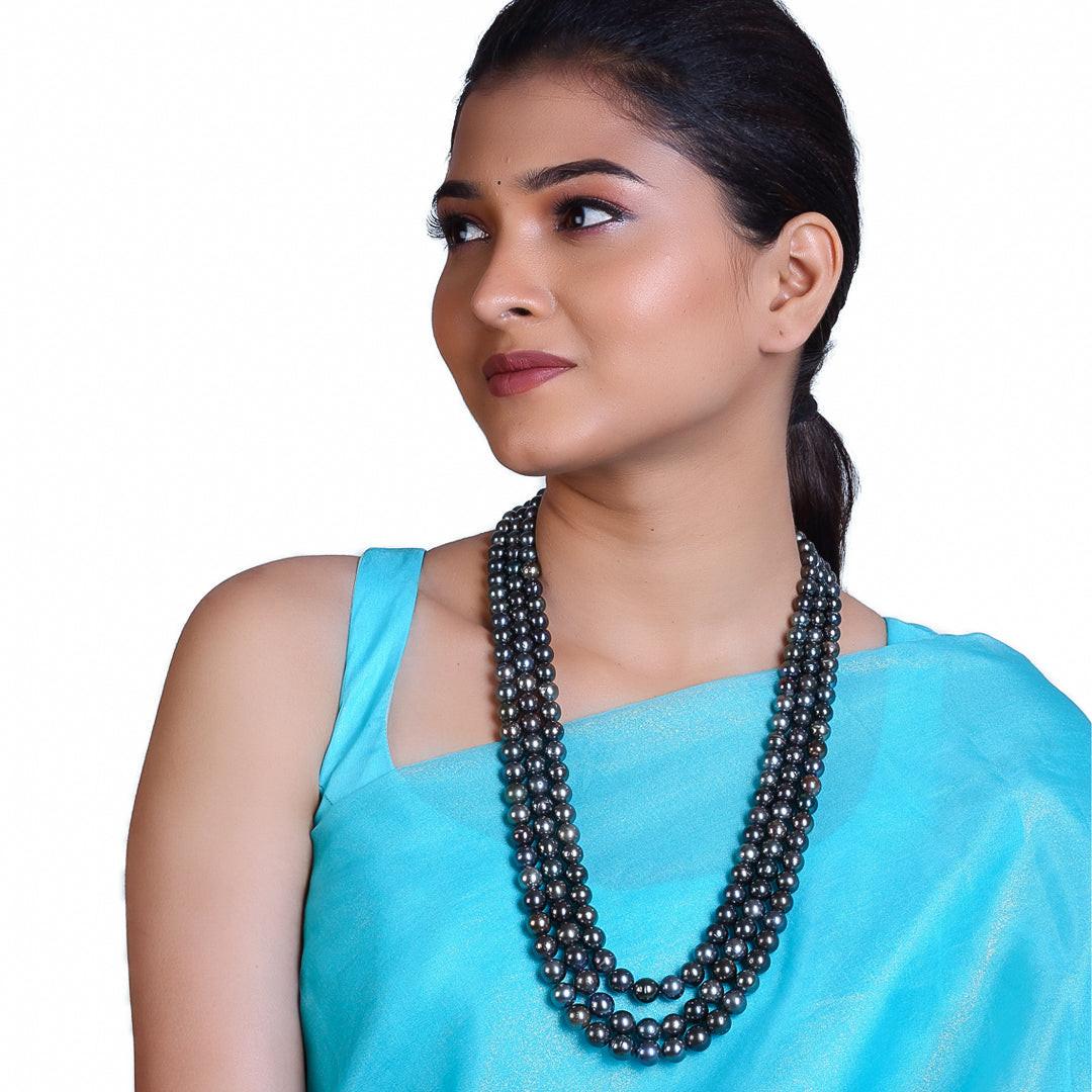 Round Natural-Color Mixed-Shade Black Tahitian Pearl Necklace, 8–11mm, A Quality