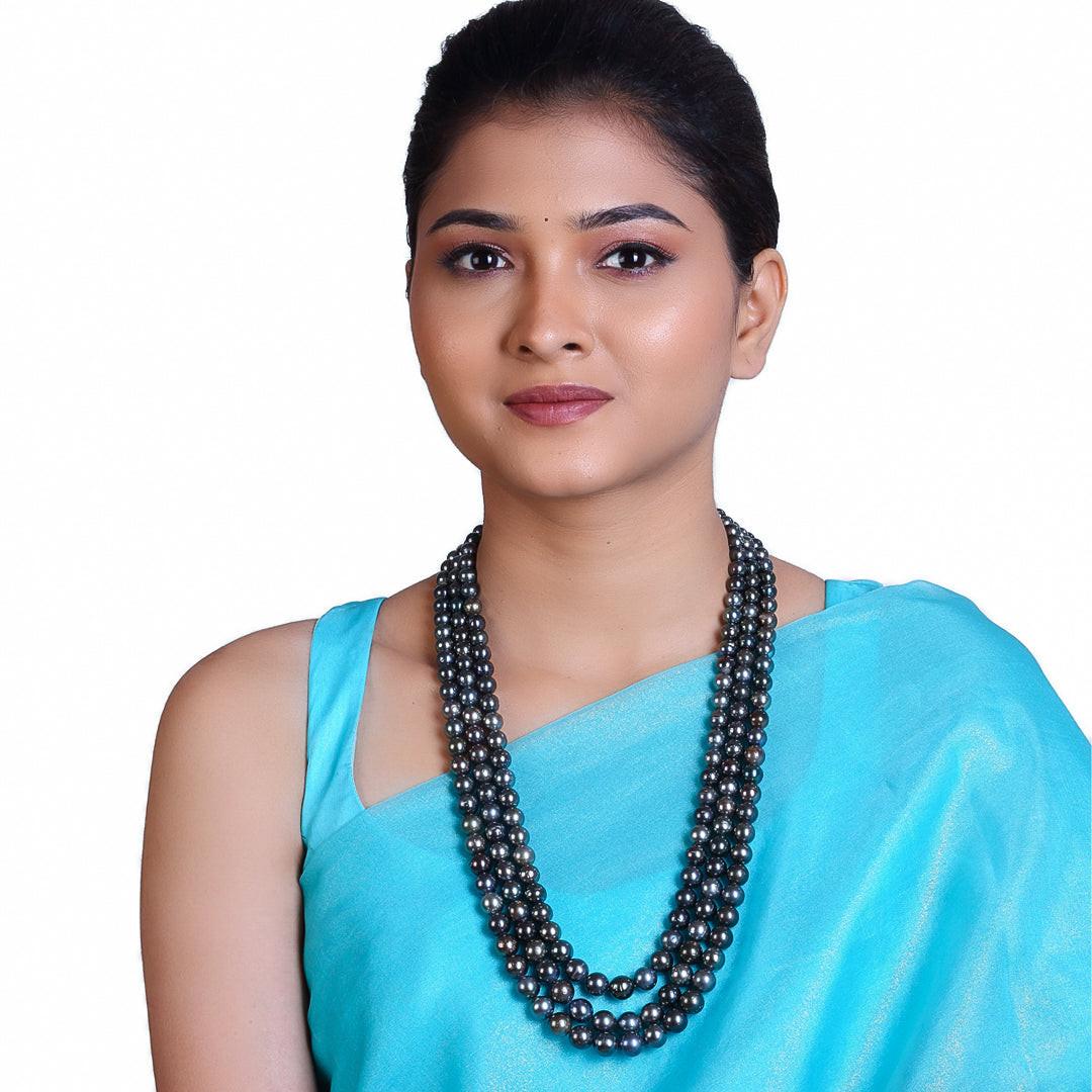 Round Natural-Color Mixed-Shade Black Tahitian Pearl Necklace, 8–11mm, A Quality