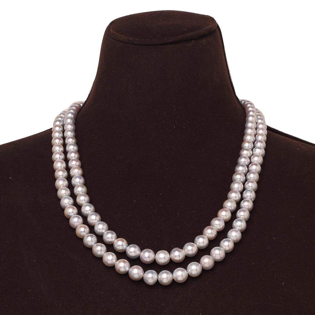 Round Steel Grey Japanese Akoya Pearl Necklace, 6–9.0mm, AA Quality