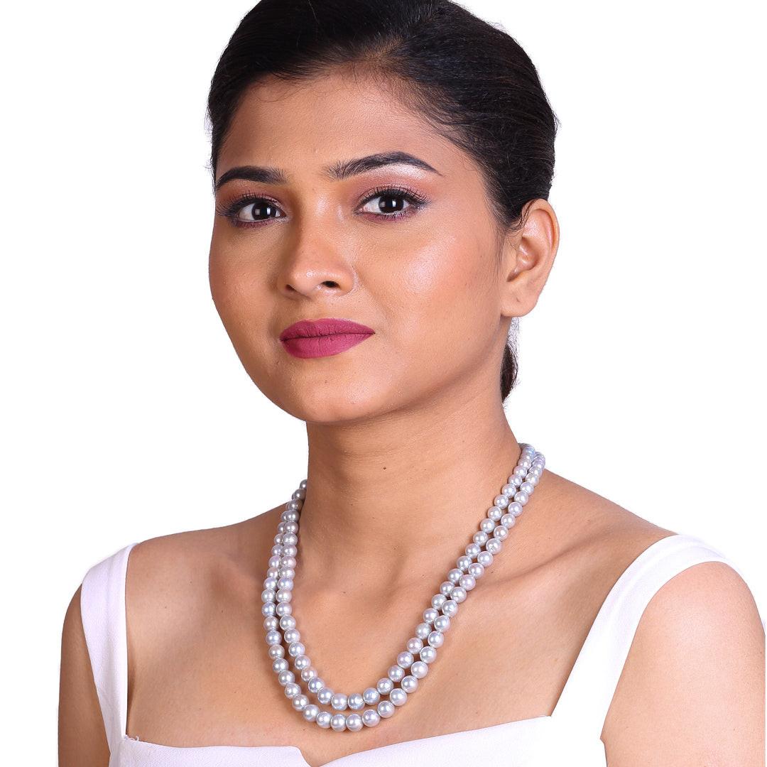 Round Steel Grey Japanese Akoya Pearl Necklace, 6–9.0mm, AA Quality