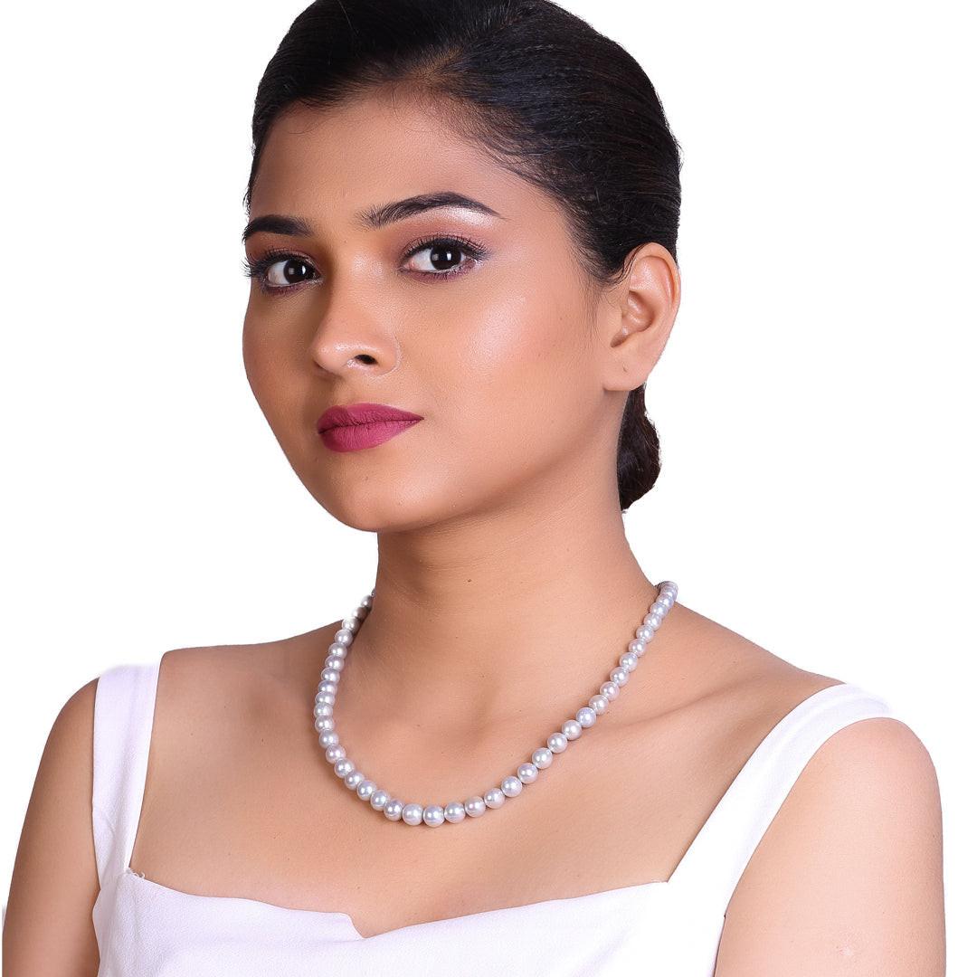 Round Steel Grey Japanese Akoya Pearl Necklace, 6–9mm, AA Quality