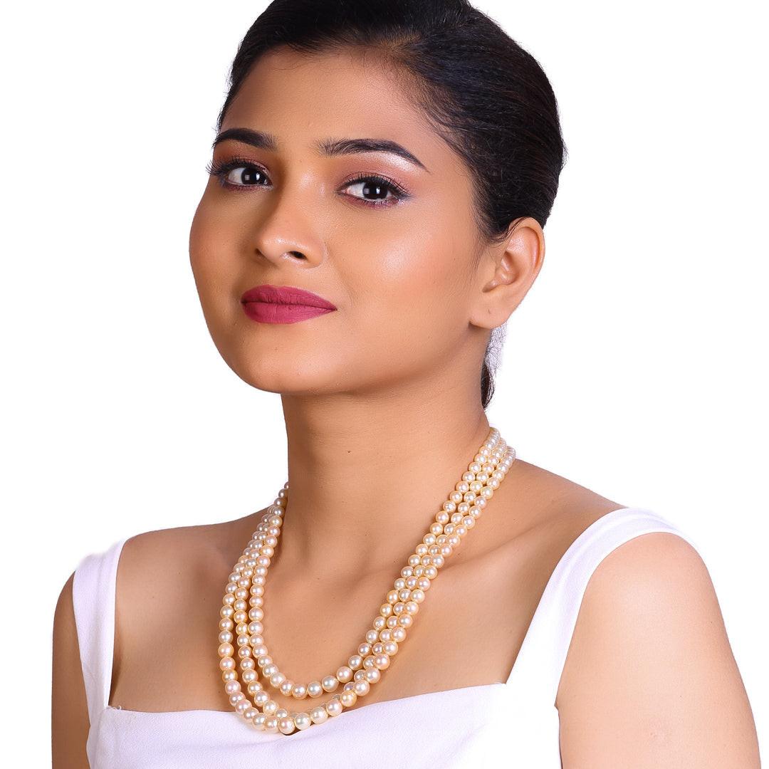 Round Golden Japanese Akoya Pearl Necklace, 6–9.0mm, AA Quality