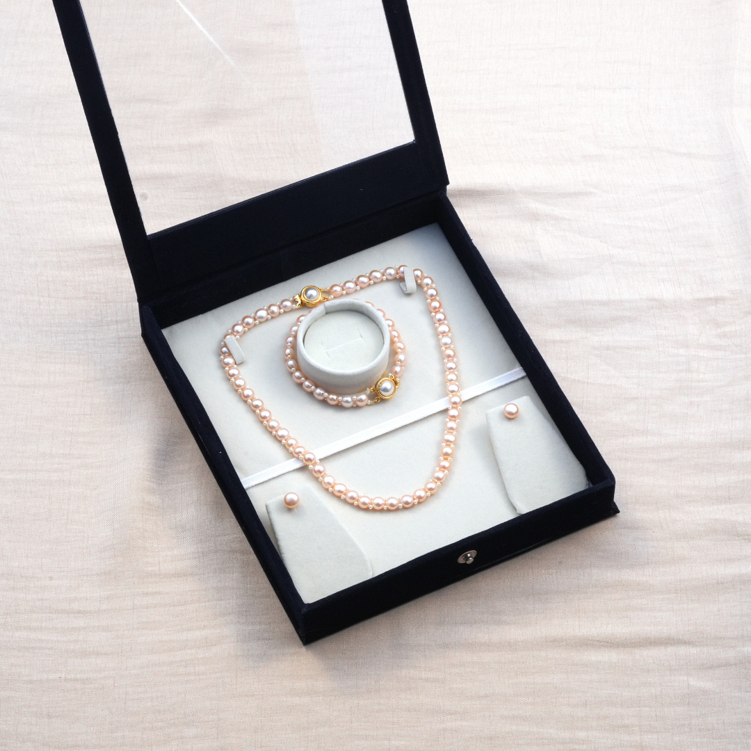Pink Freshwater Button Pearl Necklace, Bracelet & Stud Earrings Set