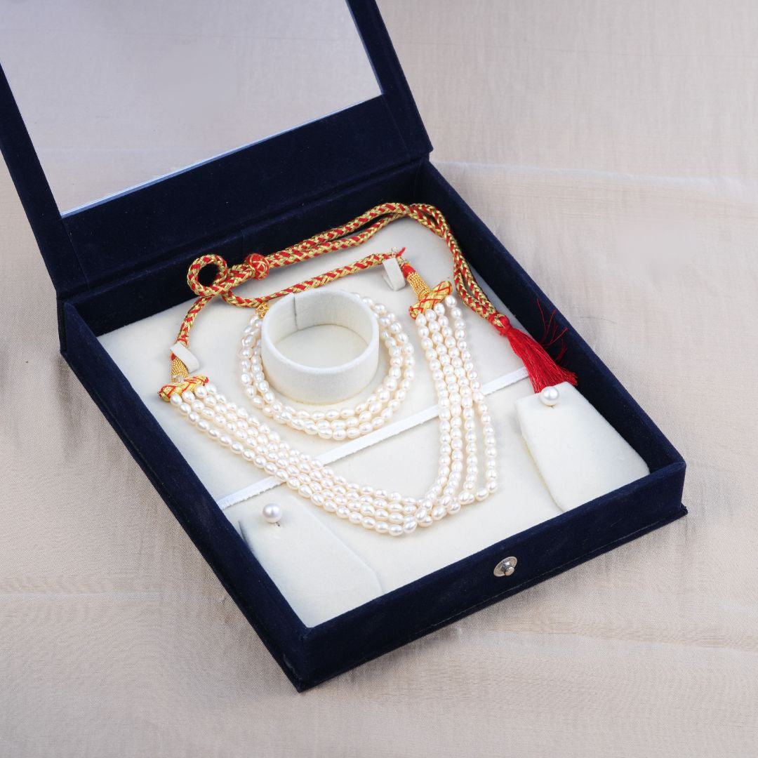 Freshwater Pearl Kalki Choker Necklace Set with Matching Bracelet – White Pearls, Traditional & Elegant