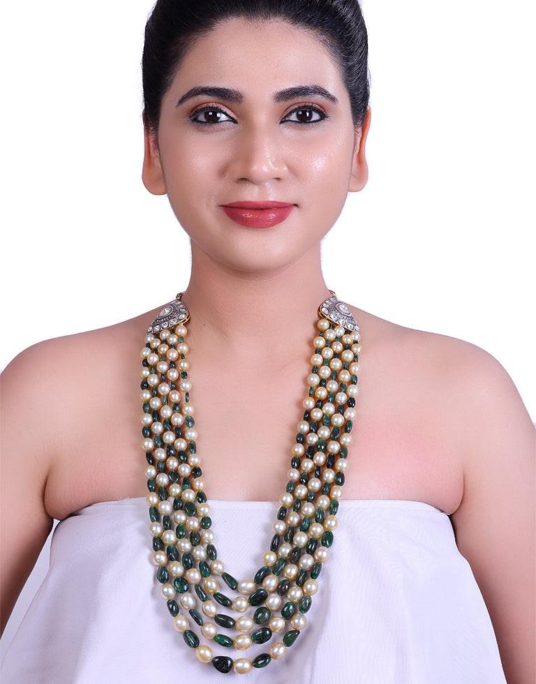 Golden South Sea Pearl Necklace with Emeralds & Silver Clasp