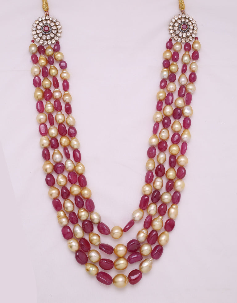 Golden South Sea Pearl Necklace with Real Ruby Silver Clasp
