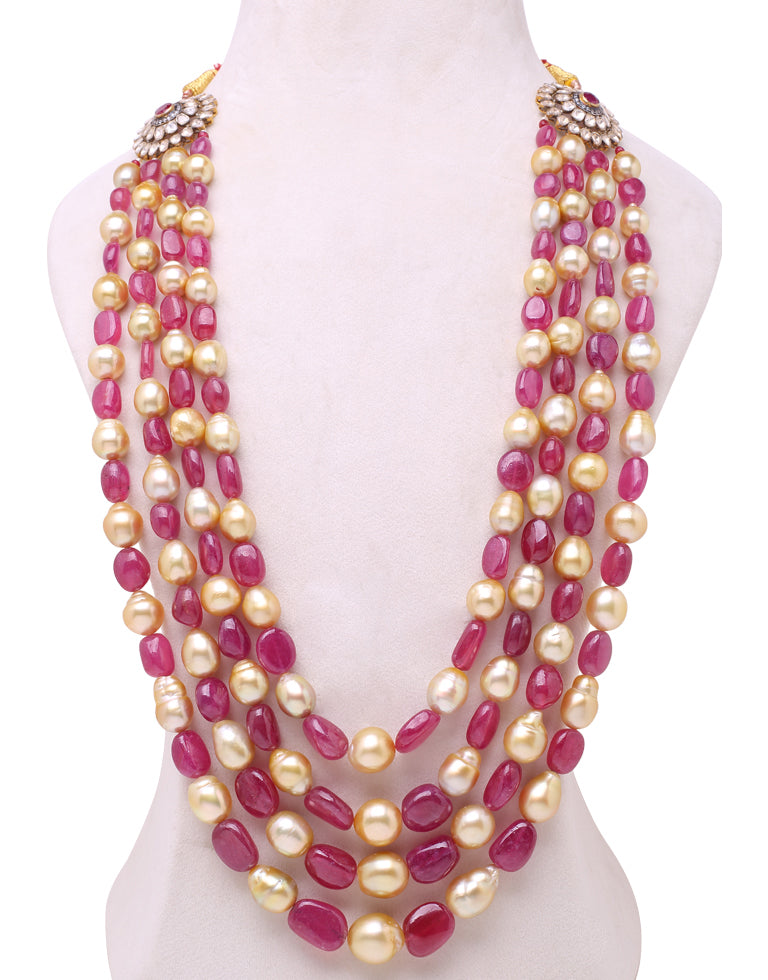 Golden South Sea Pearl Necklace with Real Ruby Silver Clasp