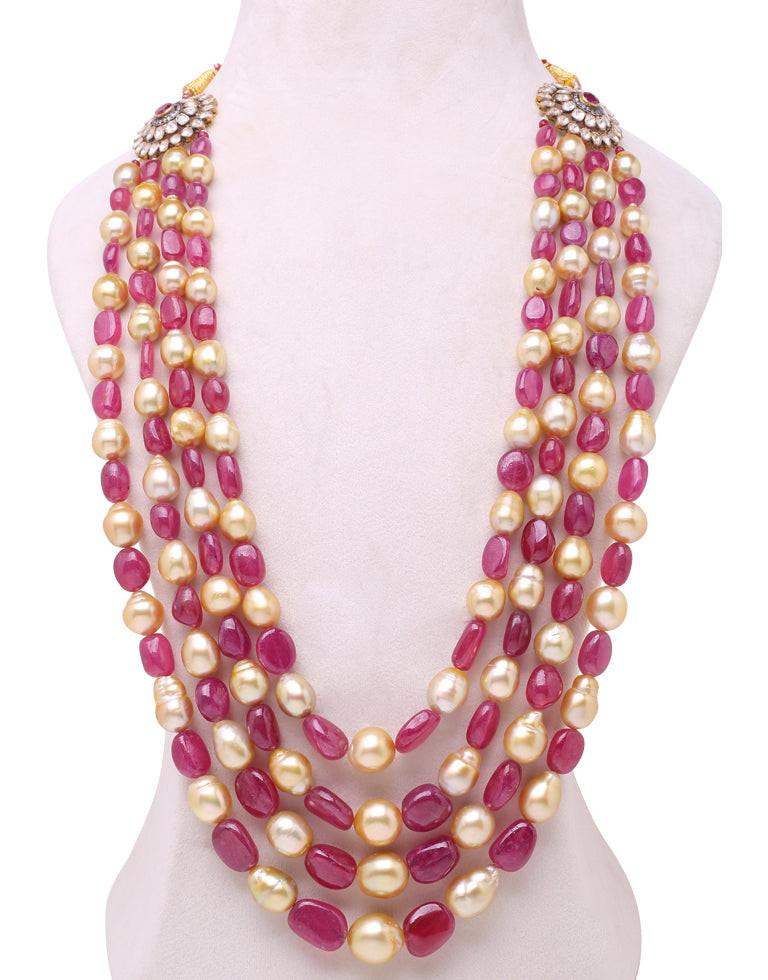 Golden South Sea Pearl Necklace with Real Ruby Silver Clasp