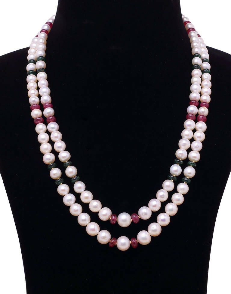 Valuable White Freshwater Pearl With Real Emerald Ruby & Gold Cutrings