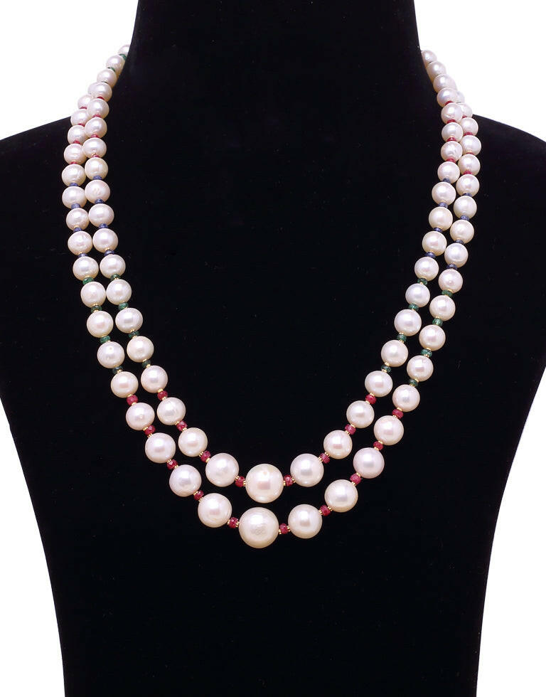 Opaline White Freshwater Pearl With Real Ruby Emerald Blue Sapphire & Gold Cutrings