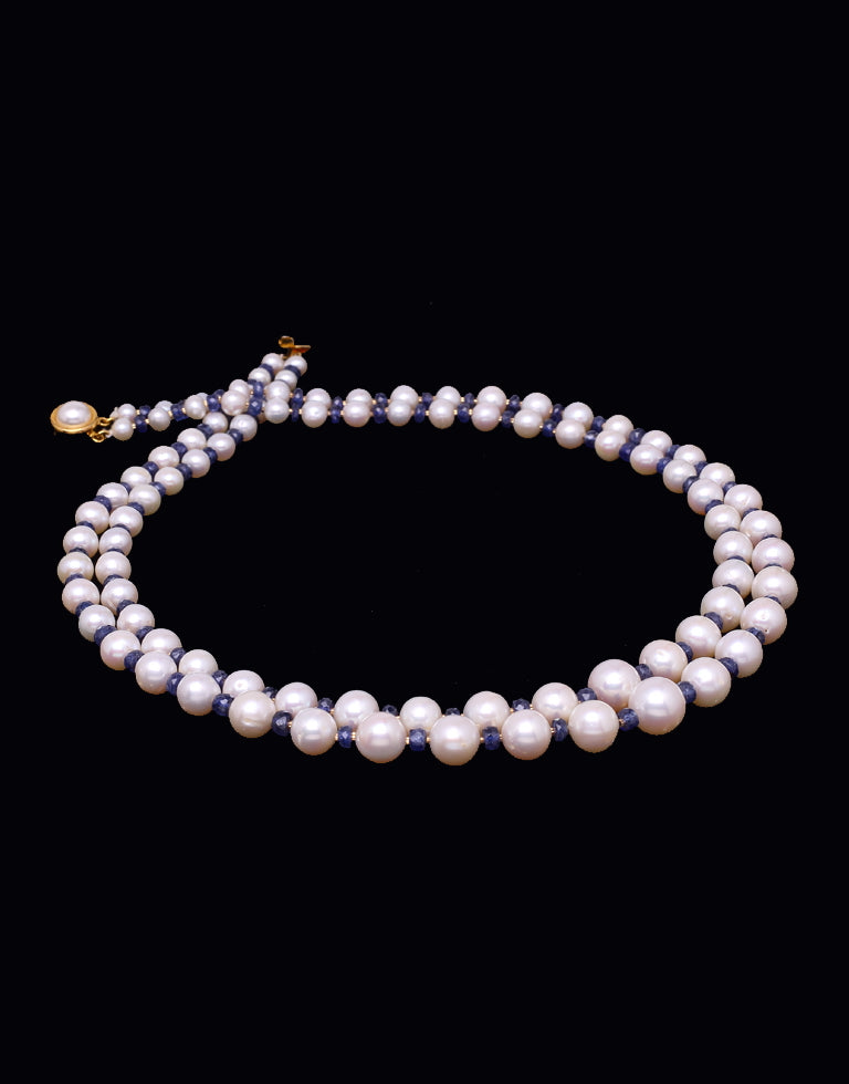 Gleaming White Freshwater Pearl With Real Blue Sapphire & Gold