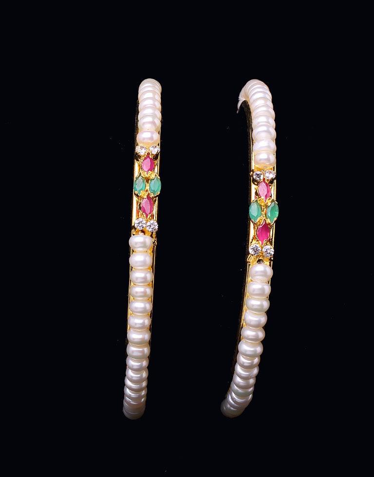 Single Line White Pearl Bangles Embellished With Classic Semi-Precious Stones