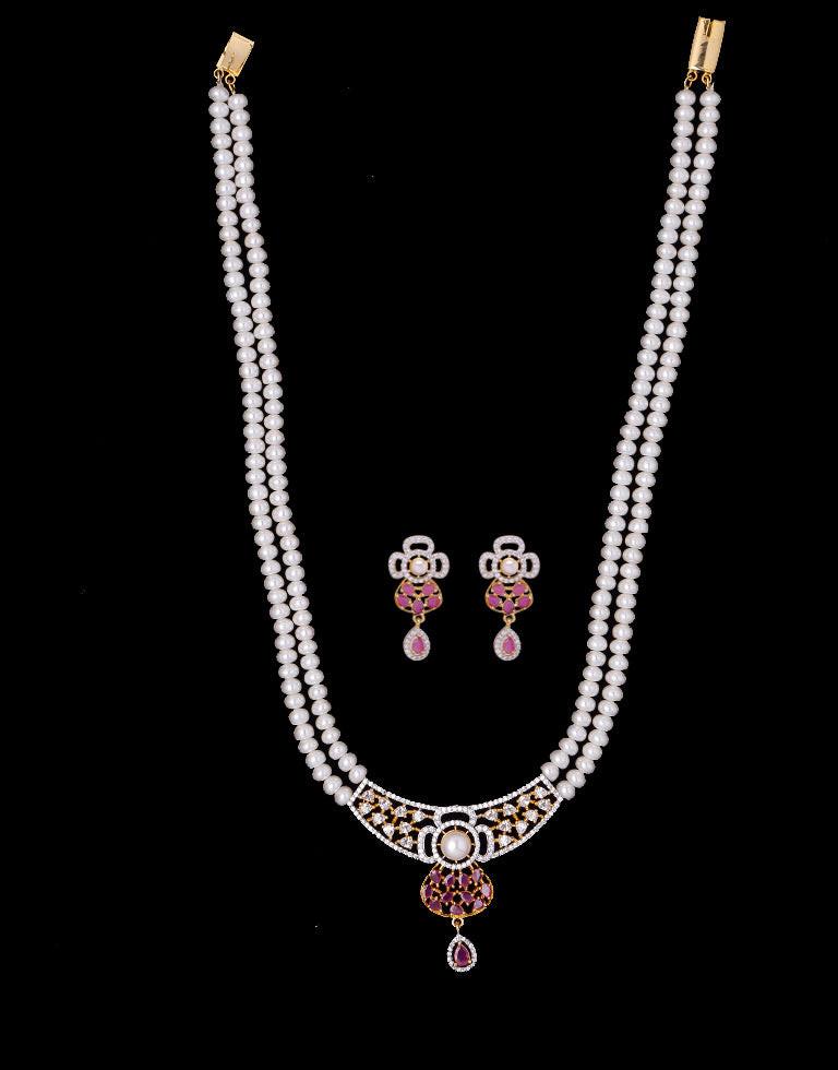 2 Layered White Freshwater Pearl Set with Pink Stone Studded Pendant