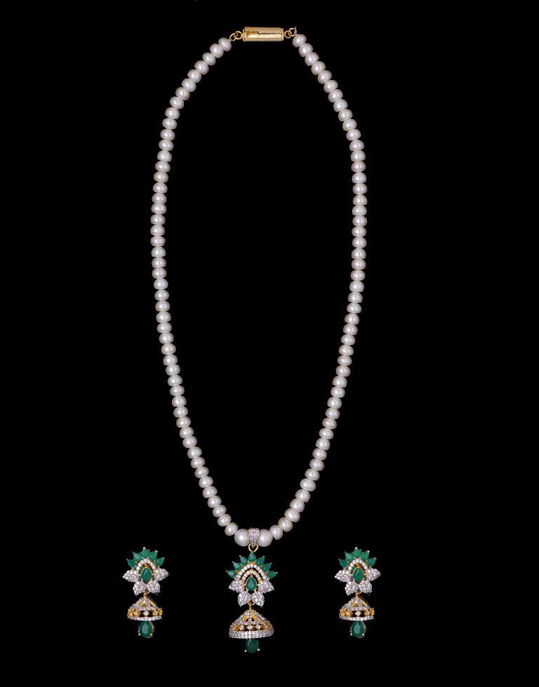 White Pearl Set with Green 'Chattri' Pendant