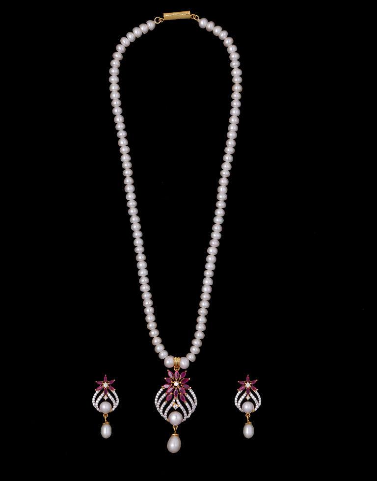 White Pearl Set with Red Stone Studded Pendant