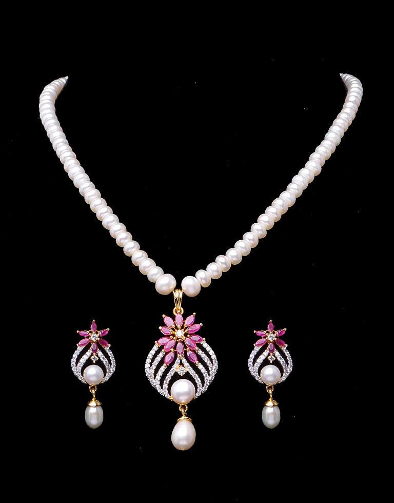 White Pearl Set with Red Stone Studded Pendant