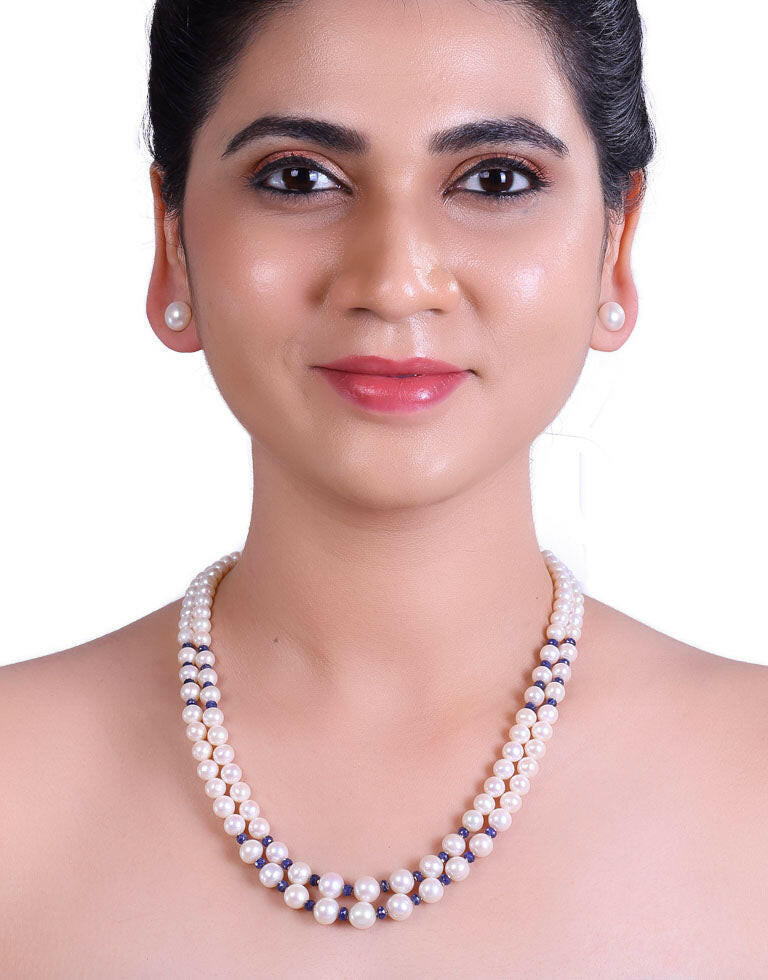 Chic White Freshwater Pearl With Real Blue Sapphire & Gold Cutrings