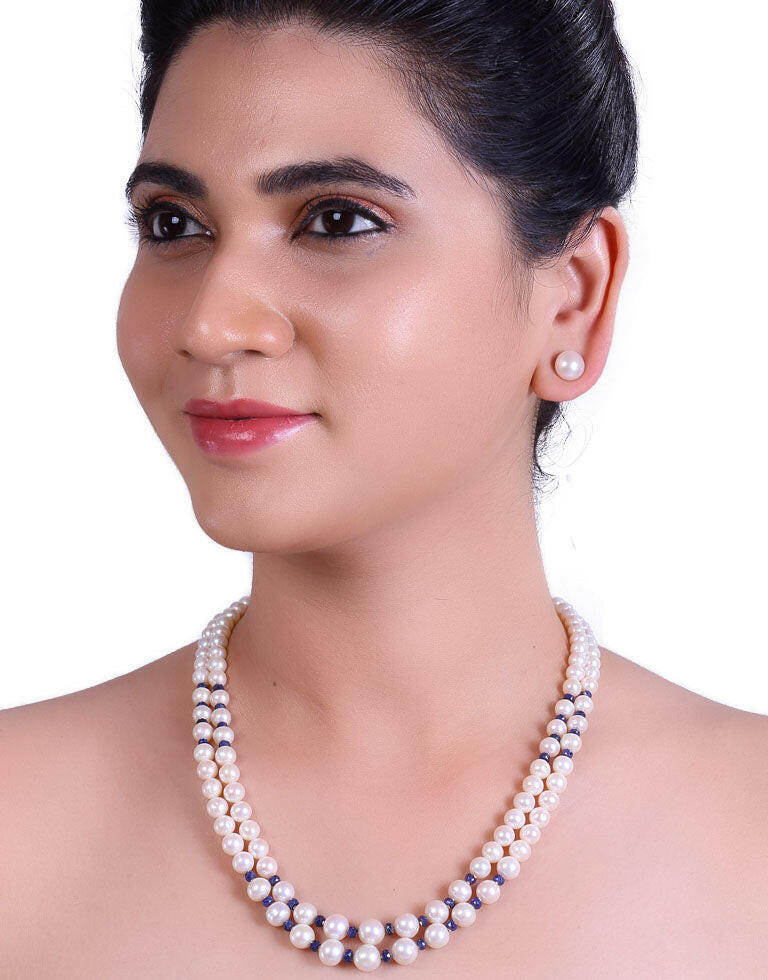 Chic White Freshwater Pearl With Real Blue Sapphire & Gold Cutrings