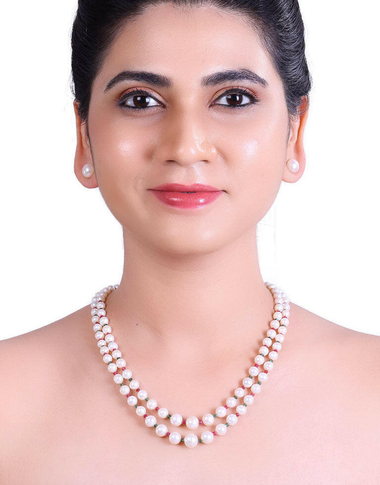 Charming White Freshwater Pearl With Real Emerald Ruby & Gold Cutrings