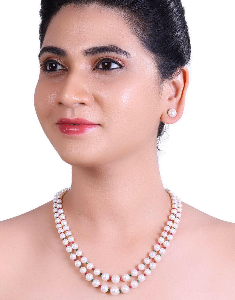 Charming White Freshwater Pearl With Real Emerald Ruby & Gold Cutrings