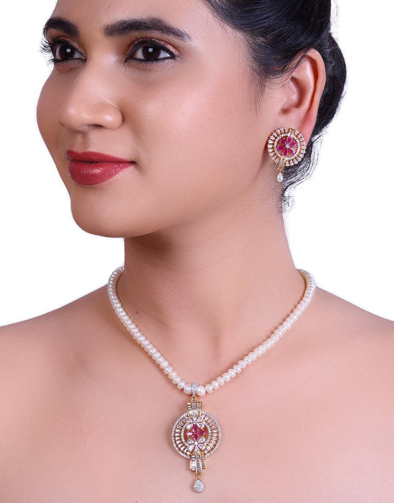 White Cultured Pearl Set with Red Flower Pendant
